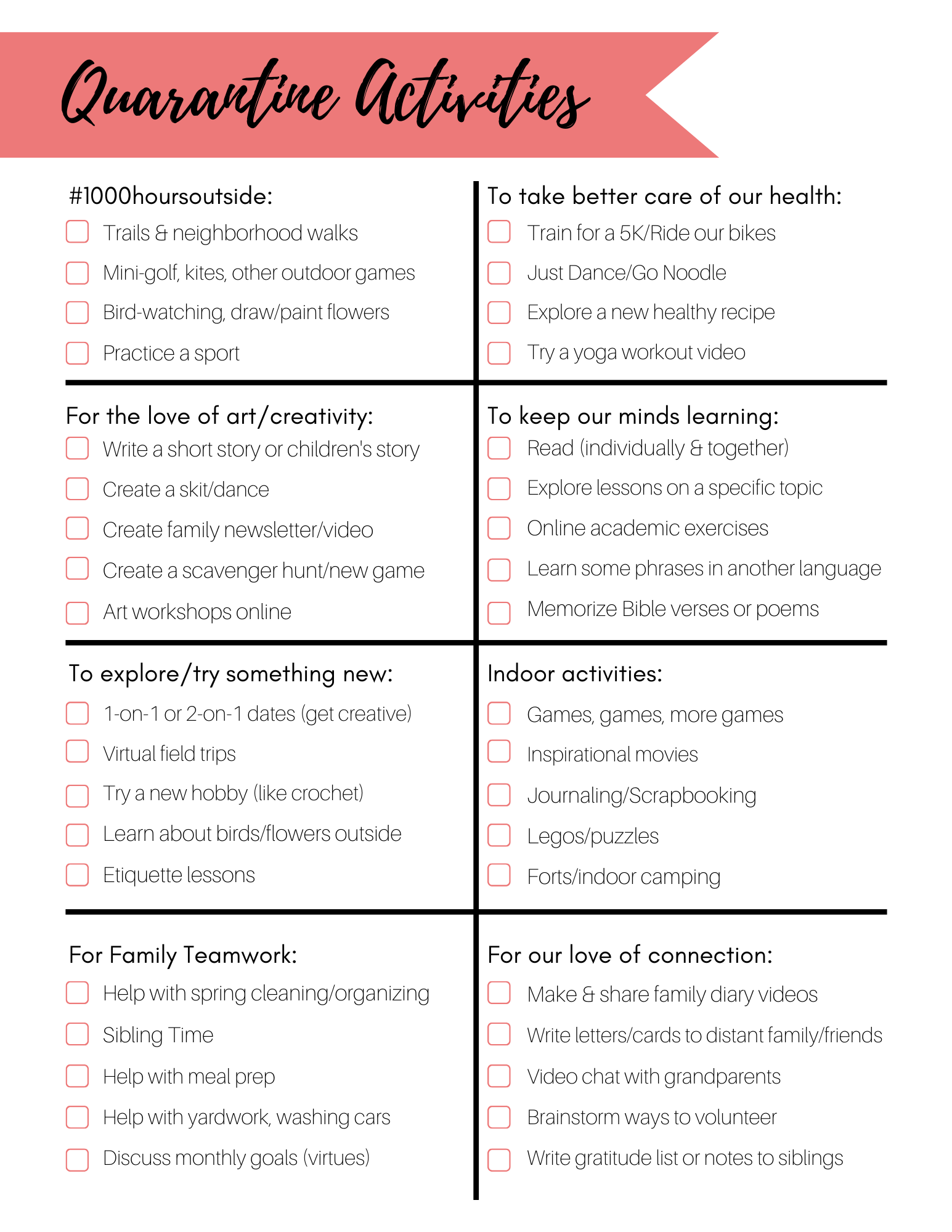 Quarantine Activities Checklist & Resources